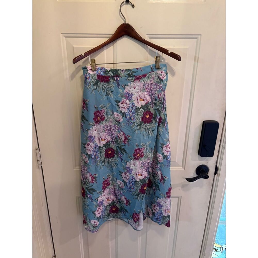 Anthropologie Show Me Your MuMu Aqua Floral Wrap Midi Skirt with Side Slit - Picture 2 of 5